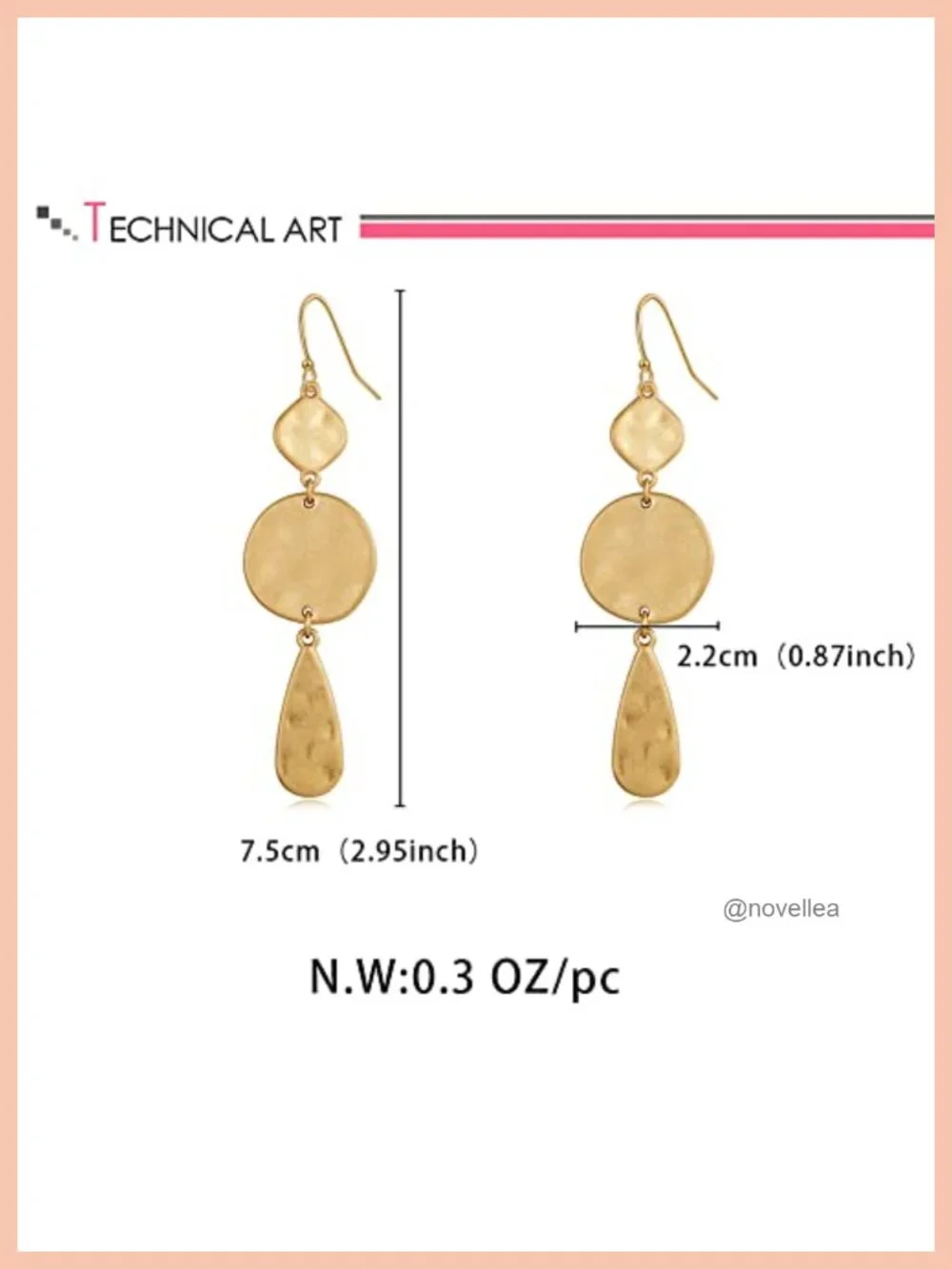 Gold Plated Dangle Earrings Hammered Geometric Disc Boho Jewelry